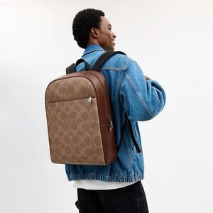 NWT Coach Signature Canvas Zip Backpack Khaki Brown Laptop Bag CBI70